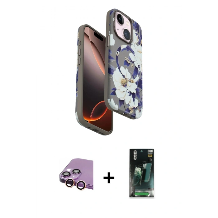 MARSİLYAN™- iPhone 15 Kılıf Siluet Doku - Siyah 360 Mat Full Body Arka Koruyucu + Raze Metal Kamera Lens - PE