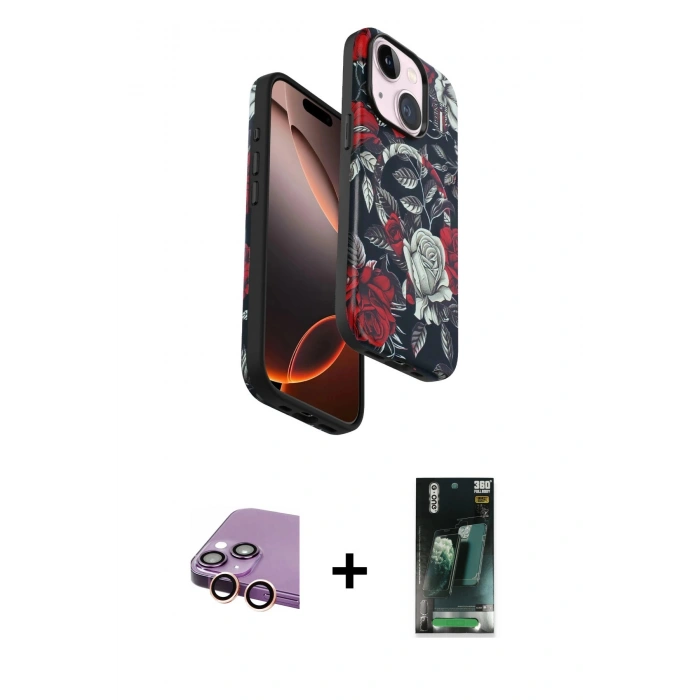 MARSİLYAN™- iPhone 15 Kılıf Siluet Doku - Siyah 360 Mat Full Body Arka Koruyucu + Raze Metal Kamera Lens - PE