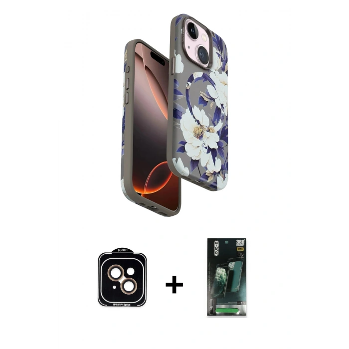 MARSİLYAN™- iPhone 15 Kılıf Siluet Doku - Siyah 360 Mat Full Body Arka Koruyucu + PVD Metal Kamera Lens - TU