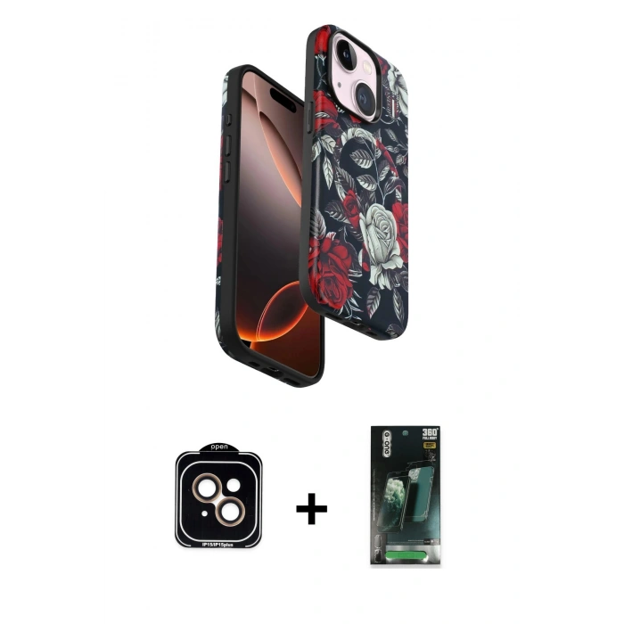 MARSİLYAN™- iPhone 15 Kılıf Siluet Doku - Siyah 360 Mat Full Body Arka Koruyucu + PVD Metal Kamera Lens - TU