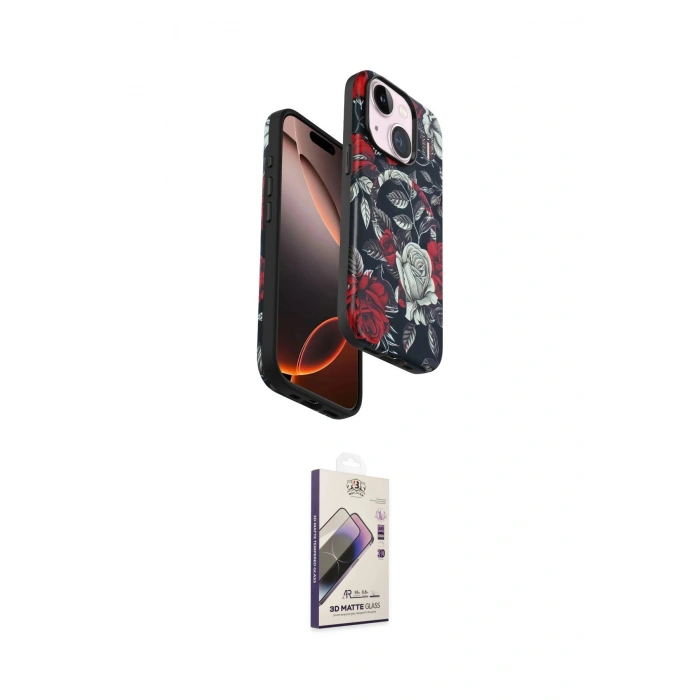 MARSİLYAN™- iPhone 15 Kılıf Siluet Doku - Siyah Bilvis 3D Mat Cam Ekran Koruyucu
