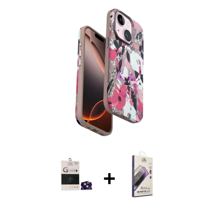 MARSİLYAN™- iPhone 15 Kılıf Siluet Doku - Siyah Bilvis 3D Mat Cam Ekran Koruyucu + Bilvis Titan Kamera Lens - YL
