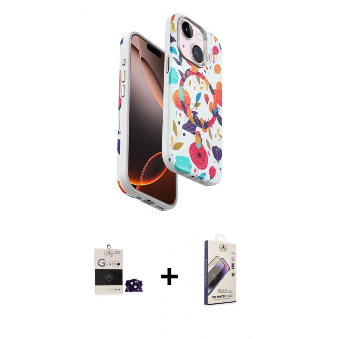 MARSİLYAN™- iPhone 15 Kılıf Siluet Doku - Siyah Bilvis 3D Mat Cam Ekran Koruyucu + Bilvis Titan Kamera Lens - SH