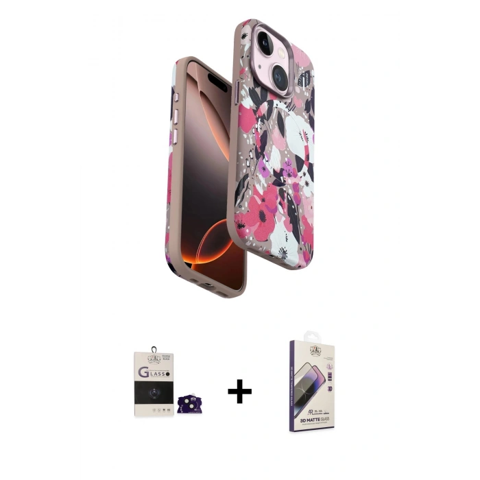MARSİLYAN™- iPhone 15 Kılıf Siluet Doku - Siyah Bilvis 3D Mat Cam Ekran Koruyucu + Bilvis Titan Kamera Lens - SH