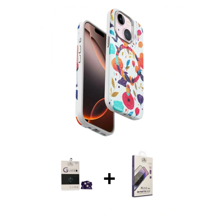 MARSİLYAN™- iPhone 15 Kılıf Siluet Doku - Siyah Bilvis 3D Mat Cam Ekran Koruyucu + Bilvis Titan Kamera Lens - PE