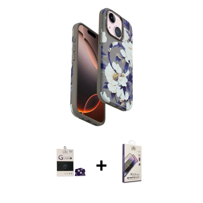 MARSİLYAN™- iPhone 15 Kılıf Siluet Doku - Siyah Bilvis 3D Mat Cam Ekran Koruyucu + Bilvis Titan Kamera Lens - YL