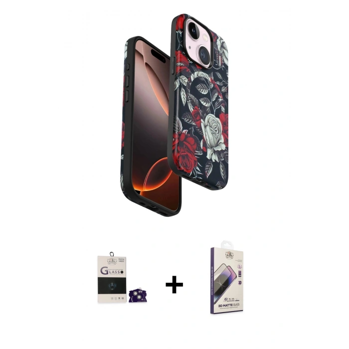 MARSİLYAN™- iPhone 15 Kılıf Siluet Doku - Siyah Bilvis 3D Mat Cam Ekran Koruyucu + Bilvis Titan Kamera Lens - YL