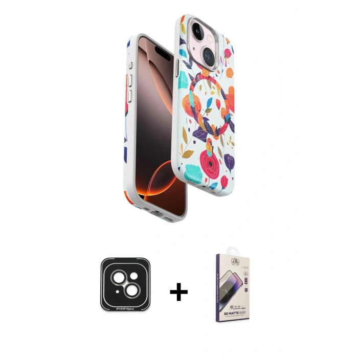 MARSİLYAN™- iPhone 15 Kılıf Siluet Doku - Siyah Bilvis 3D Mat Cam Ekran Koruyucu + PVD Metal Kamera Lens - YL