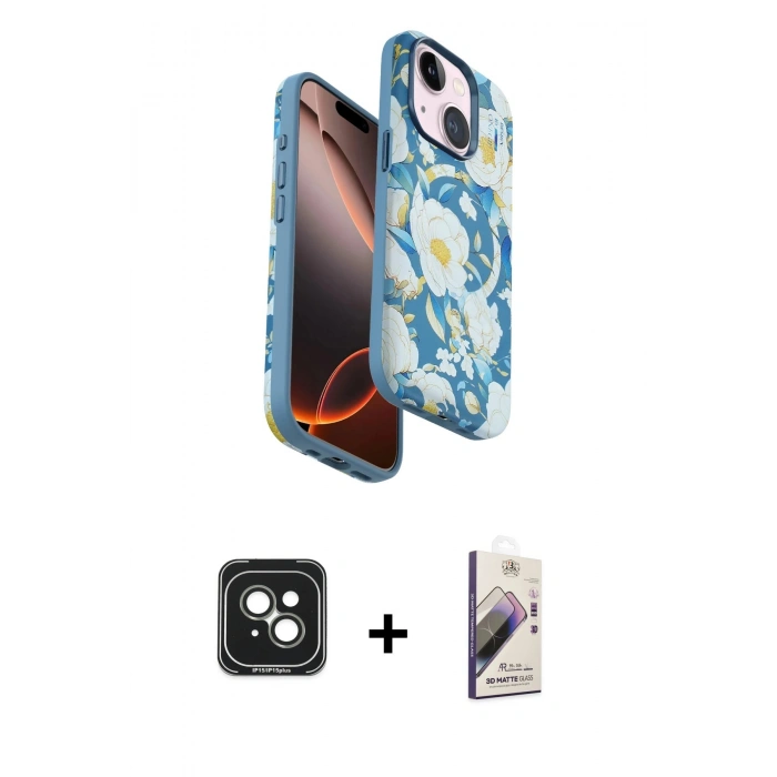 MARSİLYAN™- iPhone 15 Kılıf Siluet Doku - Siyah Bilvis 3D Mat Cam Ekran Koruyucu + PVD Metal Kamera Lens - YL