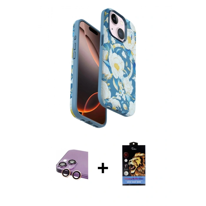 MARSİLYAN™- iPhone 15 Kılıf Siluet Doku - Siyah Buffer Hayalet Cam Ekran Koruyucu + Raze Metal Kamera Lens - PE
