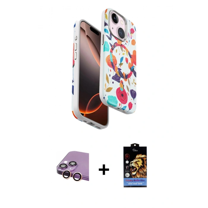 MARSİLYAN™- iPhone 15 Kılıf Siluet Doku - Siyah Buffer Hayalet Cam Ekran Koruyucu + Raze Metal Kamera Lens - PE