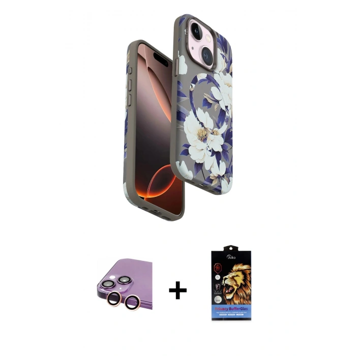 MARSİLYAN™- iPhone 15 Kılıf Siluet Doku - Siyah Buffer Hayalet Cam Ekran Koruyucu + Raze Metal Kamera Lens - PE