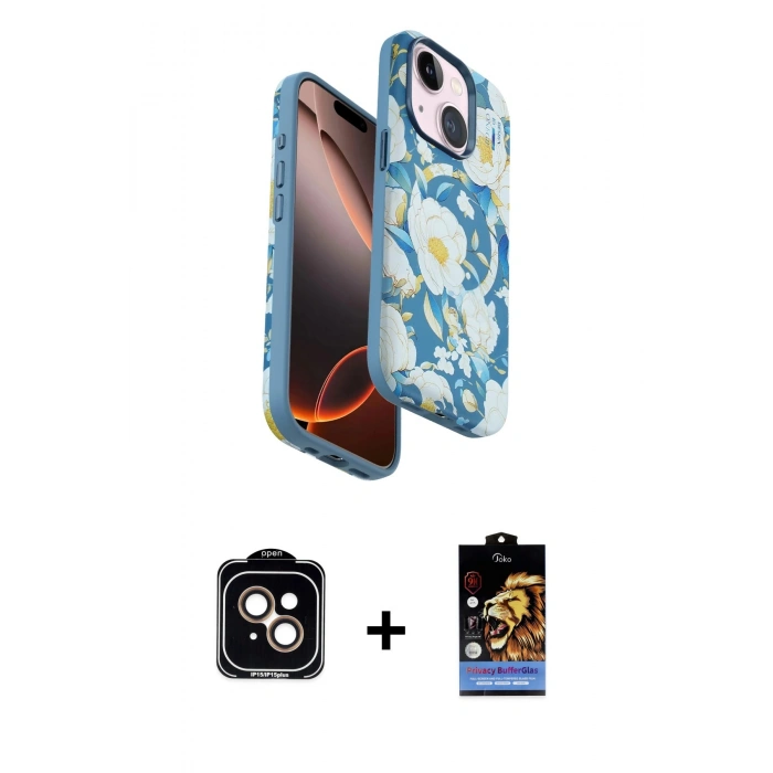 MARSİLYAN™- iPhone 15 Kılıf Siluet Doku - Siyah Buffer Hayalet Cam Ekran Koruyucu + PVD Metal Kamera Lens - TU