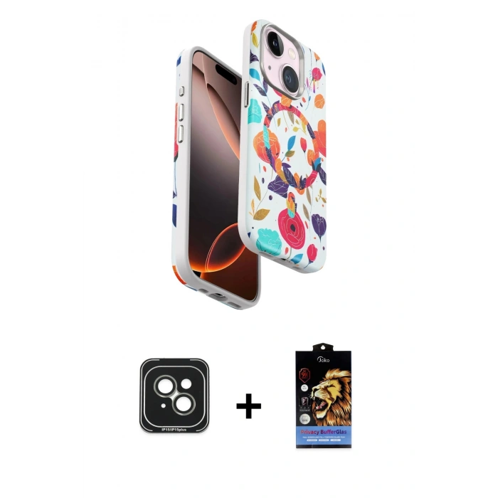 MARSİLYAN™- iPhone 15 Kılıf Siluet Doku - Siyah Buffer Hayalet Cam Ekran Koruyucu + PVD Metal Kamera Lens - YL