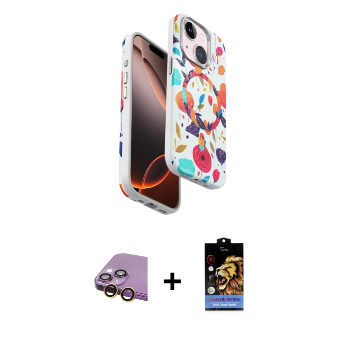 MARSİLYAN™- iPhone 15 Kılıf Siluet Doku - Siyah Buffer Hayalet Cam Ekran Koruyucu + Raze Metal Kamera Lens - SI