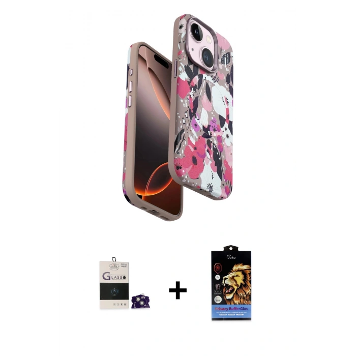 MARSİLYAN™- iPhone 15 Kılıf Siluet Doku - Siyah Buffer Hayalet Cam Ekran Koruyucu + Yeşil Bilvis Titan Kamera Lens