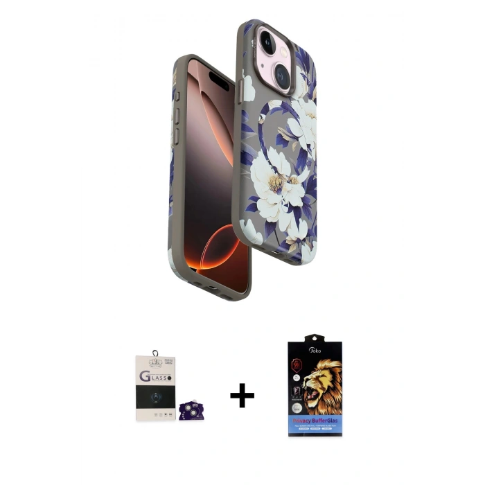 MARSİLYAN™- iPhone 15 Kılıf Siluet Doku - Siyah Buffer Hayalet Cam Ekran Koruyucu + Yeşil Bilvis Titan Kamera Lens