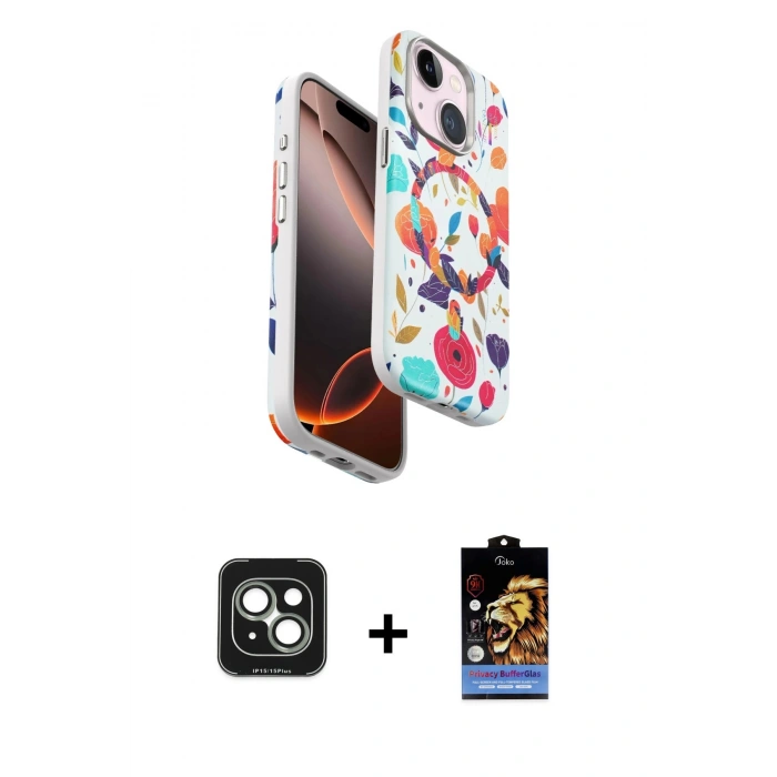 MARSİLYAN™- iPhone 15 Kılıf Siluet Doku - Siyah Buffer Hayalet Cam Ekran Koruyucu + PVD Metal Kamera Lens - YL