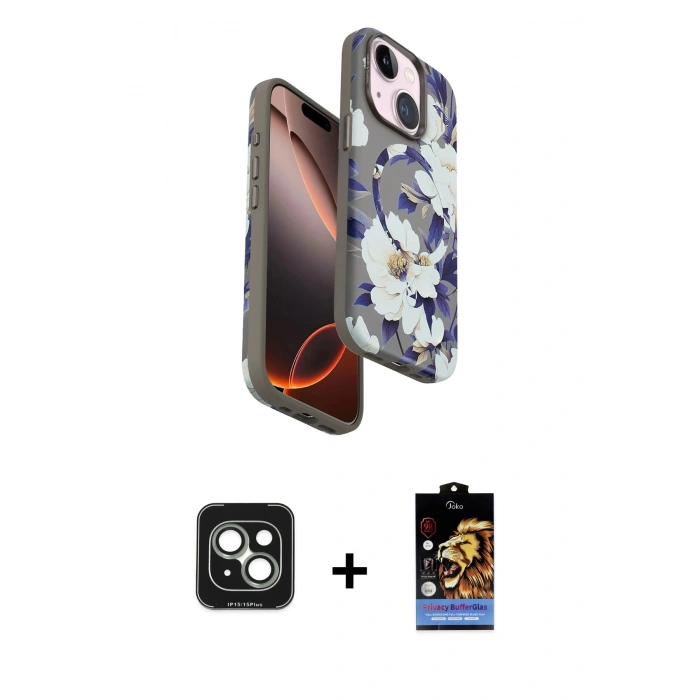 MARSİLYAN™- iPhone 15 Kılıf Siluet Doku - Siyah Buffer Hayalet Cam Ekran Koruyucu + PVD Metal Kamera Lens - YL