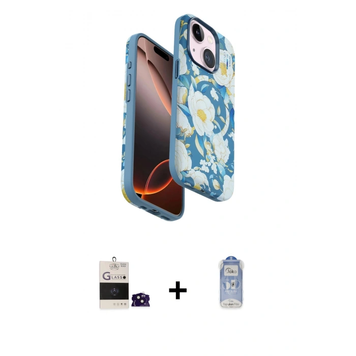 MARSİLYAN™- iPhone 15 Kılıf Siluet Doku - Siyah Joko Magic 5D Cam + Bilvis Titan Kamera Lens - SH