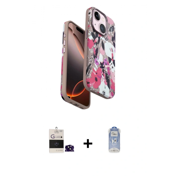 MARSİLYAN™- iPhone 15 Kılıf Siluet Doku - Siyah Joko Magic 5D Cam + Bilvis Titan Kamera Lens - SH