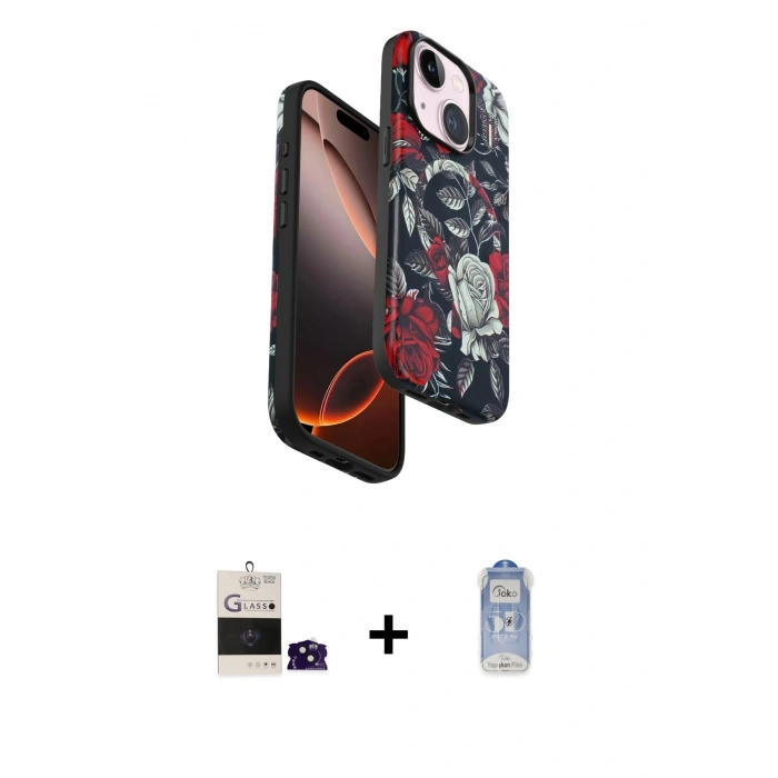 MARSİLYAN™- iPhone 15 Kılıf Siluet Doku - Siyah Joko Magic 5D Cam + Bilvis Titan Kamera Lens - SH
