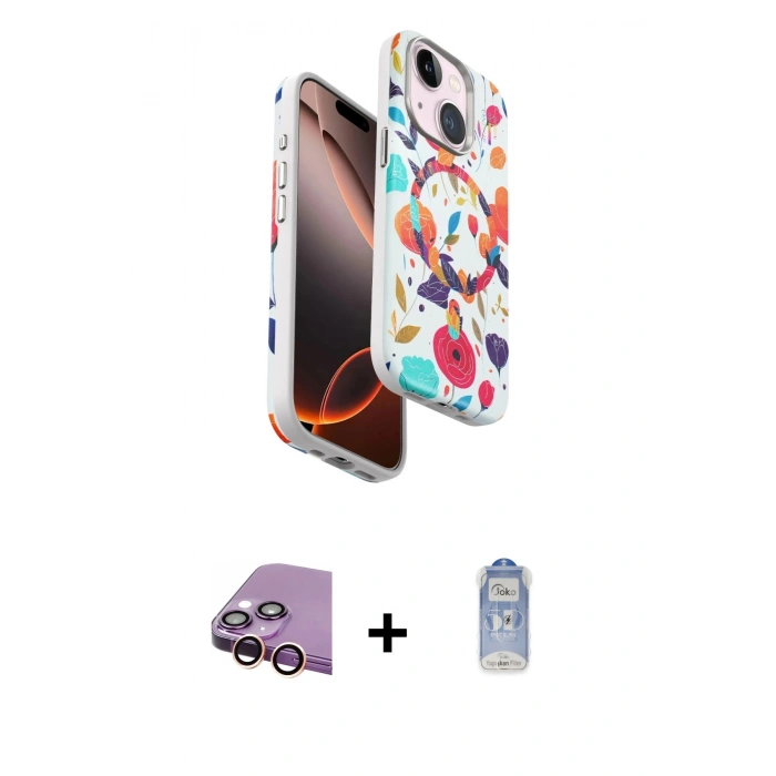 MARSİLYAN™- iPhone 15 Kılıf Siluet Doku - Siyah Joko Magic 5D Cam + Raze Metal Kamera Lens - PE