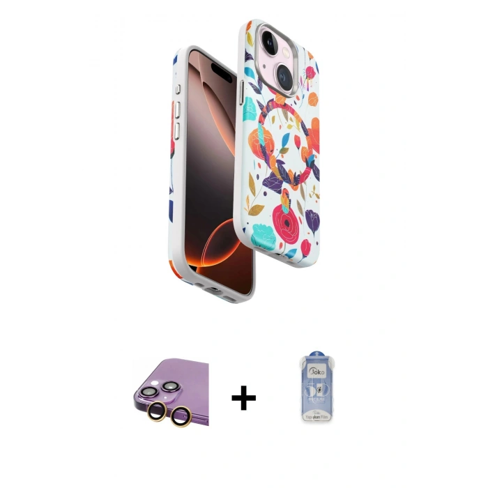 MARSİLYAN™- iPhone 15 Kılıf Siluet Doku - Siyah Joko Magic 5D Cam + Raze Metal Kamera Lens - SI