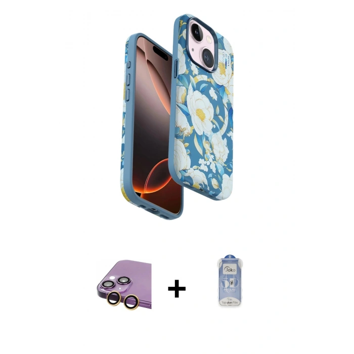 MARSİLYAN™- iPhone 15 Kılıf Siluet Doku - Siyah Joko Magic 5D Cam + Raze Metal Kamera Lens - SI