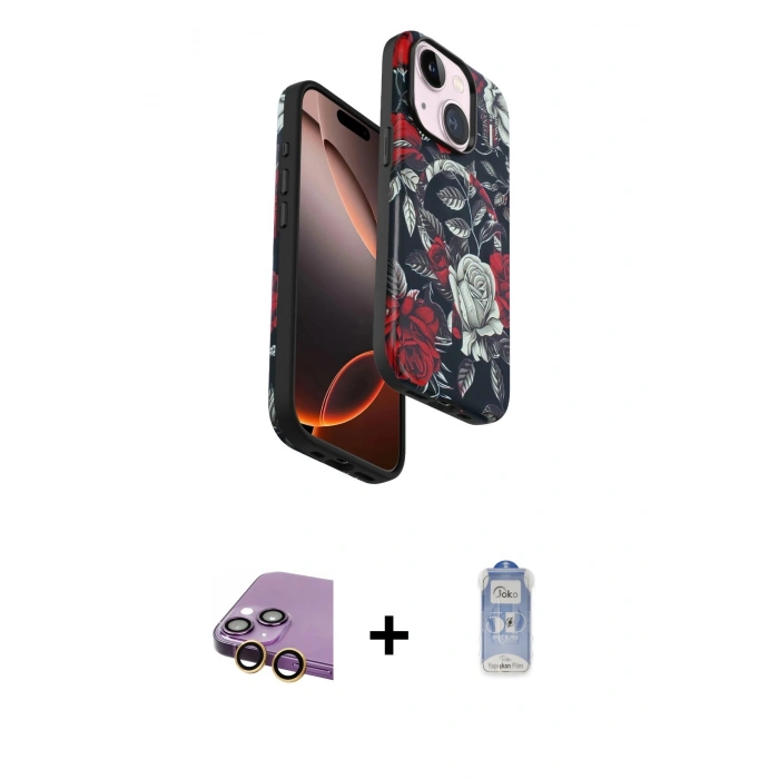 MARSİLYAN™- iPhone 15 Kılıf Siluet Doku - Siyah Joko Magic 5D Cam + Raze Metal Kamera Lens - SI