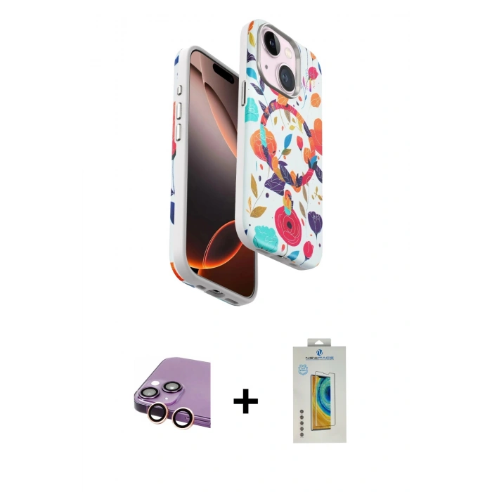 MARSİLYAN™- iPhone 15 Kılıf Siluet Doku - Siyah Polymer Nano Ekran Koruyucu + Raze Metal Kamera Lens - PE