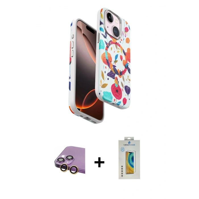 MARSİLYAN™- iPhone 15 Kılıf Siluet Doku - Siyah Polymer Nano Ekran Koruyucu + Raze Metal Kamera Lens - SI