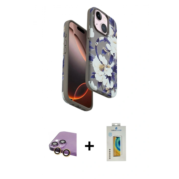 MARSİLYAN™- iPhone 15 Kılıf Siluet Doku - Siyah Polymer Nano Ekran Koruyucu + Raze Metal Kamera Lens - SI