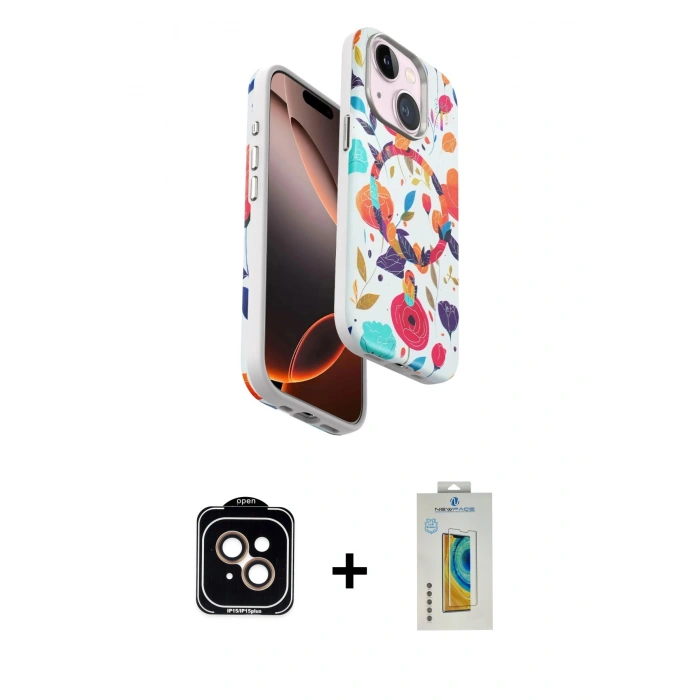 MARSİLYAN™- iPhone 15 Kılıf Siluet Doku - Siyah Polymer Nano Ekran Koruyucu + PVD Metal Kamera Lens - TU