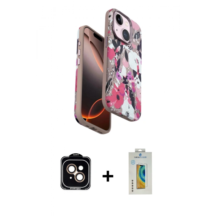 MARSİLYAN™- iPhone 15 Kılıf Siluet Doku - Siyah Polymer Nano Ekran Koruyucu + PVD Metal Kamera Lens - TU