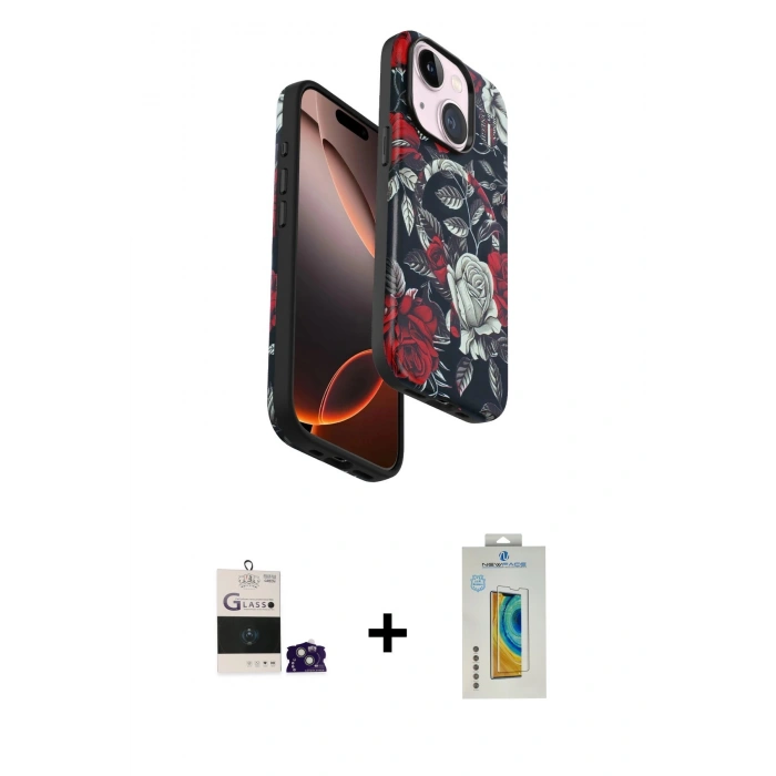 MARSİLYAN™- iPhone 15 Kılıf Siluet Doku - Siyah Polymer Nano Ekran Koruyucu + Bilvis Titan Kamera Lens - YL