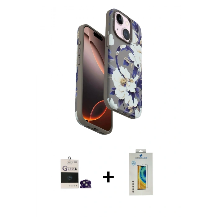 MARSİLYAN™- iPhone 15 Kılıf Siluet Doku - Siyah Polymer Nano Ekran Koruyucu + Bilvis Titan Kamera Lens - YL