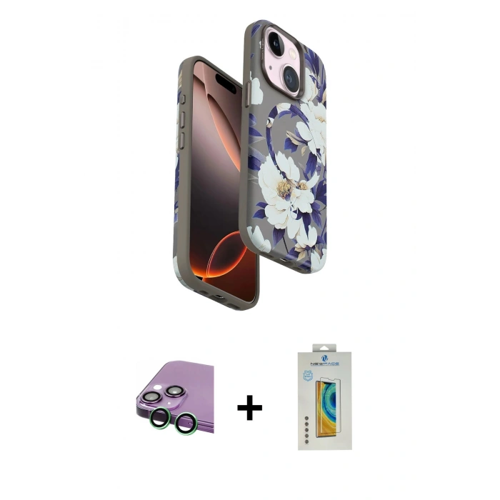 MARSİLYAN™- iPhone 15 Kılıf Siluet Doku - Siyah Polymer Nano Ekran Koruyucu + Raze Metal Kamera Lens - YL