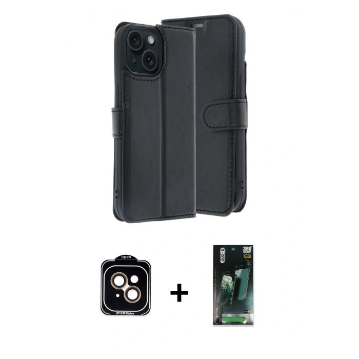 MARSİLYAN™- iPhone 15 Kılıf Siluet Işık Serisi - Siyah 360 Mat Full Body Arka Koruyucu + PVD Metal Kamera Lens - TU