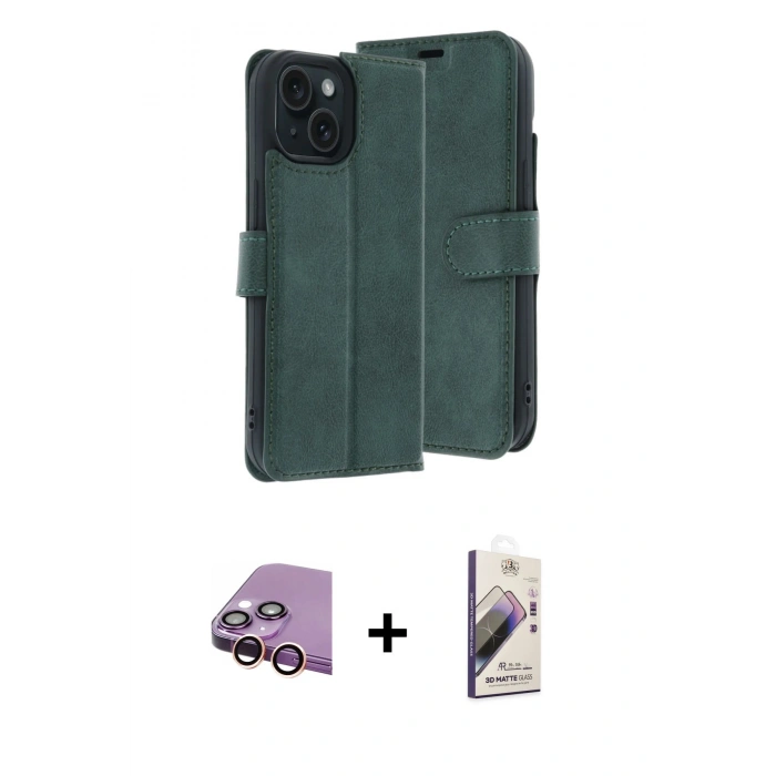 MARSİLYAN™- iPhone 15 Kılıf Siluet Işık Serisi - Siyah Bilvis 3D Mat Cam Ekran Koruyucu + Raze Metal Kamera Lens - PE
