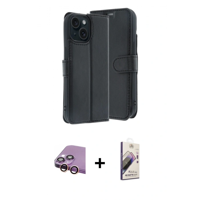 MARSİLYAN™- iPhone 15 Kılıf Siluet Işık Serisi - Siyah Bilvis 3D Mat Cam Ekran Koruyucu + Raze Metal Kamera Lens - PE