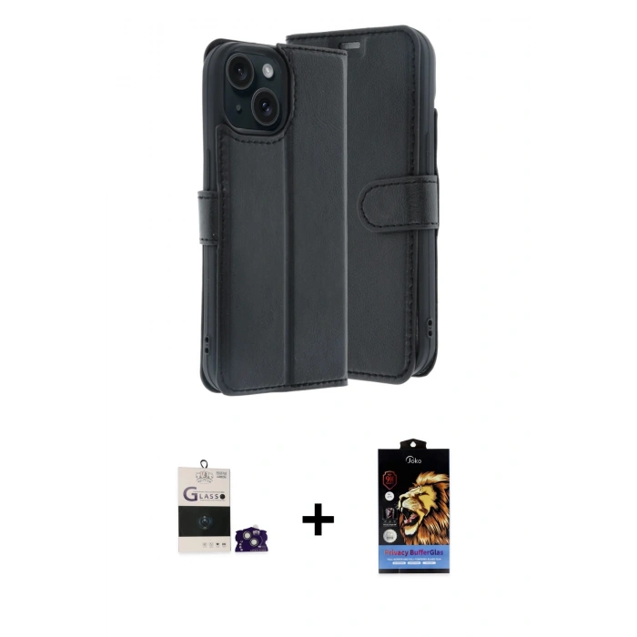 MARSİLYAN™- iPhone 15 Kılıf Siluet Işık Serisi - Siyah Buffer Hayalet Cam Ekran Koruyucu + Yeşil Bilvis Titan Kamera Lens