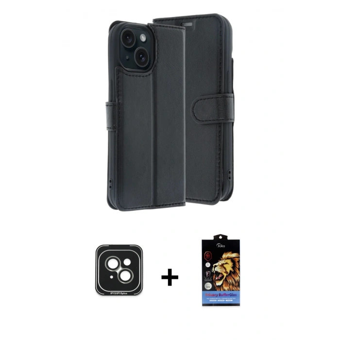 MARSİLYAN™- iPhone 15 Kılıf Siluet Işık Serisi - Siyah Buffer Hayalet Cam Ekran Koruyucu + PVD Metal Kamera Lens - YL