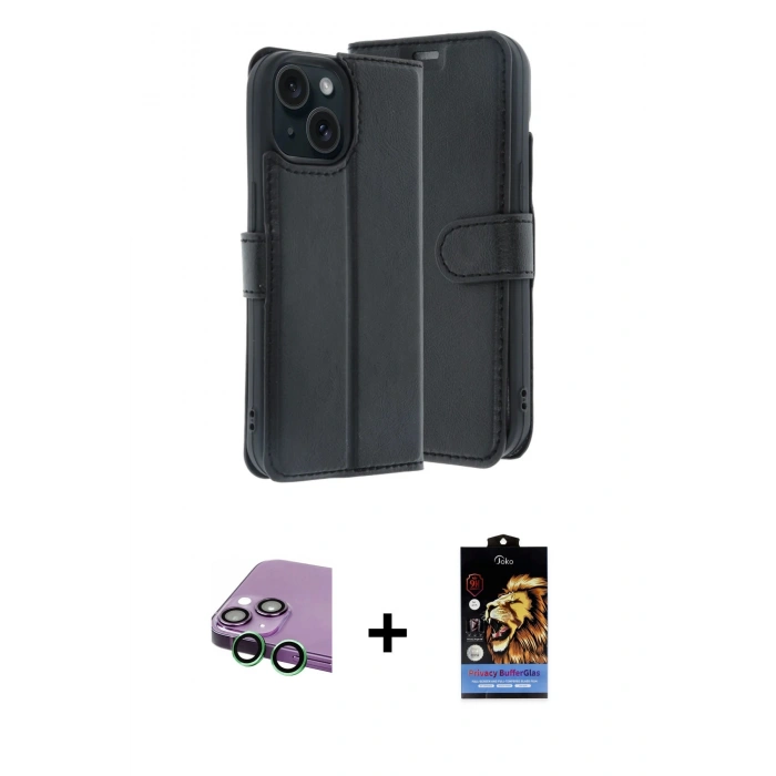 MARSİLYAN™- iPhone 15 Kılıf Siluet Işık Serisi - Siyah Buffer Hayalet Cam Ekran Koruyucu + Raze Metal Kamera Lens - YL