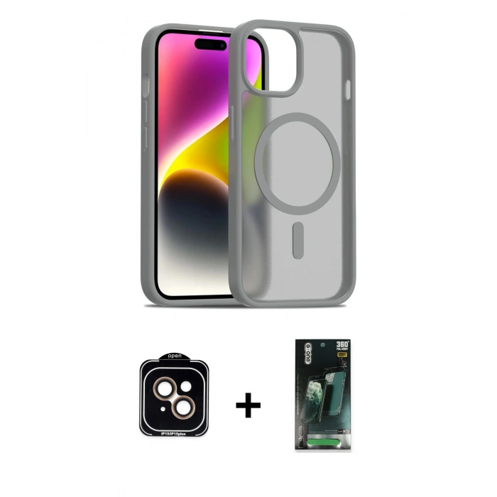 MARSİLYAN™- iPhone 15 Kılıf Siluet Minimal Prime - Siyah 360 Mat Full Body Arka Koruyucu + PVD Metal Kamera Lens - TU
