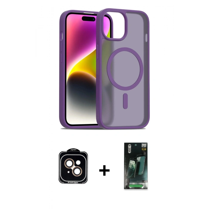 MARSİLYAN™- iPhone 15 Kılıf Siluet Minimal Prime - Siyah 360 Mat Full Body Arka Koruyucu + PVD Metal Kamera Lens - TU