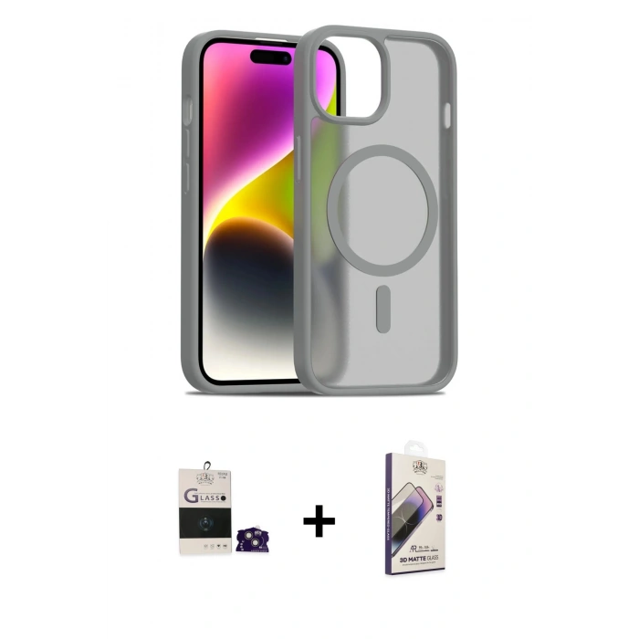 MARSİLYAN™- iPhone 15 Kılıf Siluet Minimal Prime - Siyah Bilvis 3D Mat Cam Ekran Koruyucu + Bilvis Titan Kamera Lens - PE