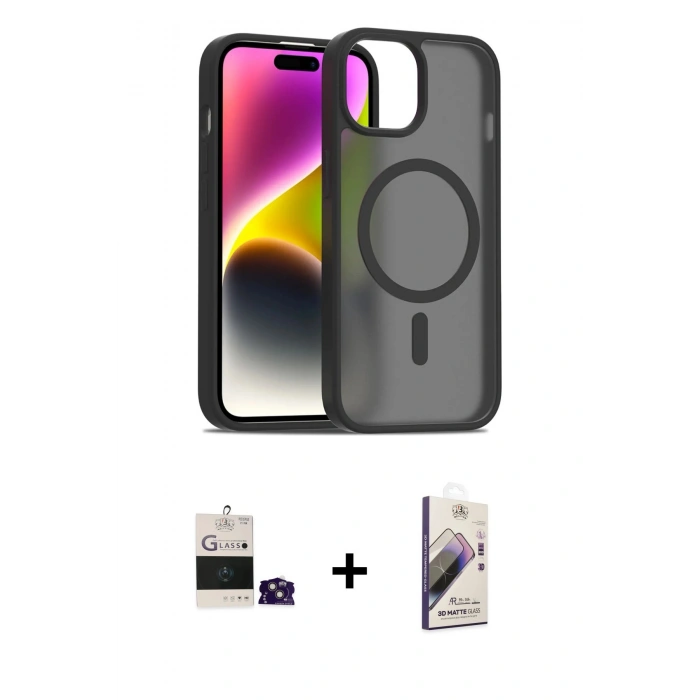 MARSİLYAN™- iPhone 15 Kılıf Siluet Minimal Prime - Siyah Bilvis 3D Mat Cam Ekran Koruyucu + Bilvis Titan Kamera Lens - PE