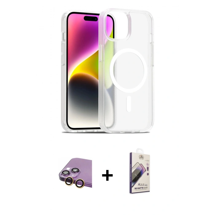 MARSİLYAN™- iPhone 15 Kılıf Siluet Minimal Prime - Siyah Bilvis 3D Mat Cam Ekran Koruyucu + Raze Metal Kamera Lens - SI