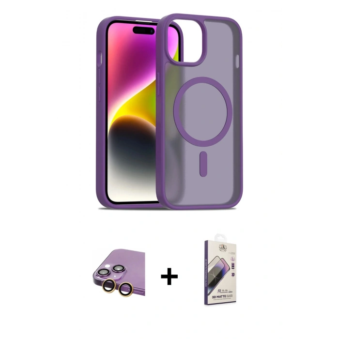 MARSİLYAN™- iPhone 15 Kılıf Siluet Minimal Prime - Siyah Bilvis 3D Mat Cam Ekran Koruyucu + Raze Metal Kamera Lens - SI